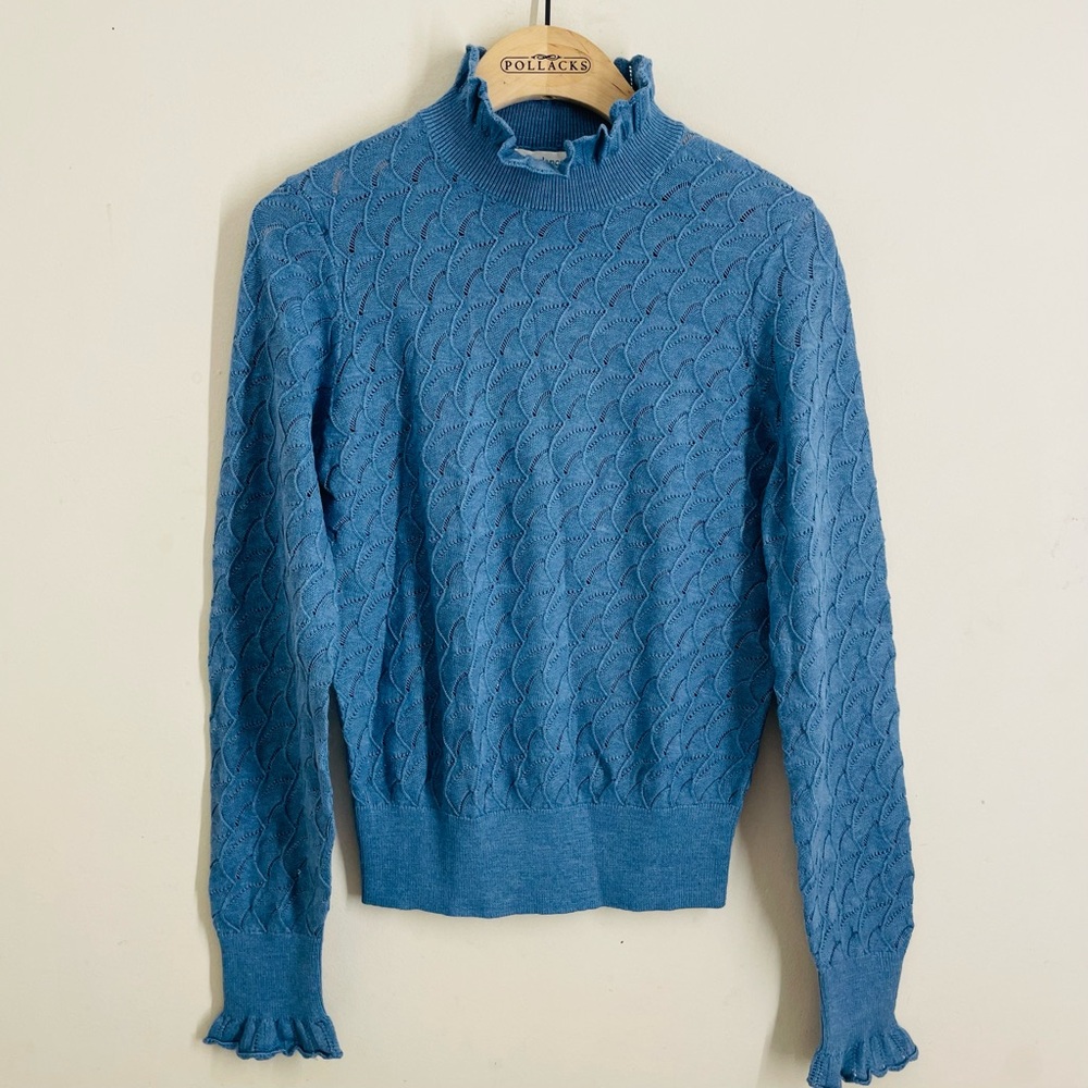 Sundance Modal Ruffle Mock Neck Sweater Blue Cotton Modal Lace Knit XXS P